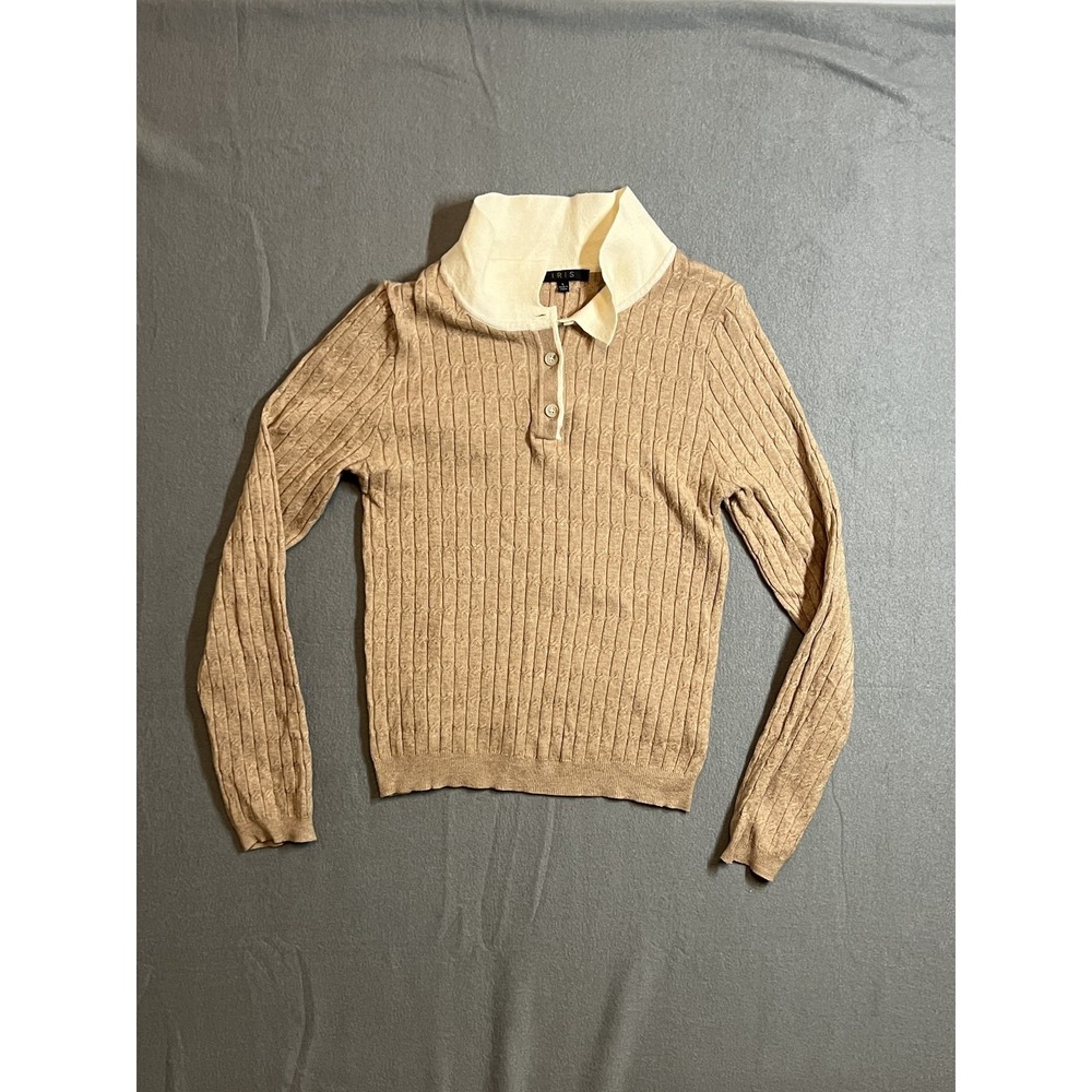 IRIS Women's Tan Cable Knit Polo Sweater Size L Long Sleeve Button Neck Cream